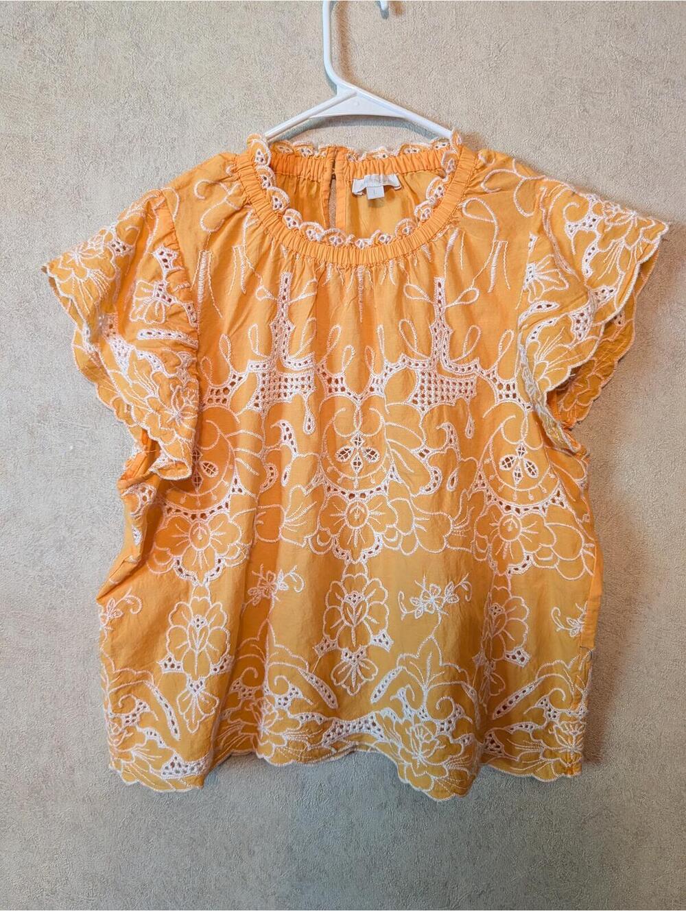 JENNIFER & GRACE orange white cotton embroidered blouse sz L